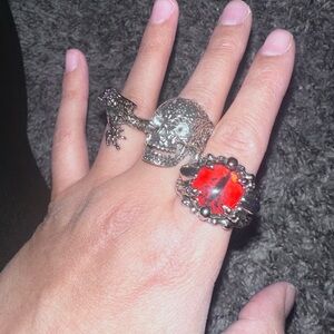 Silver Skull and Red Stone Ring Set